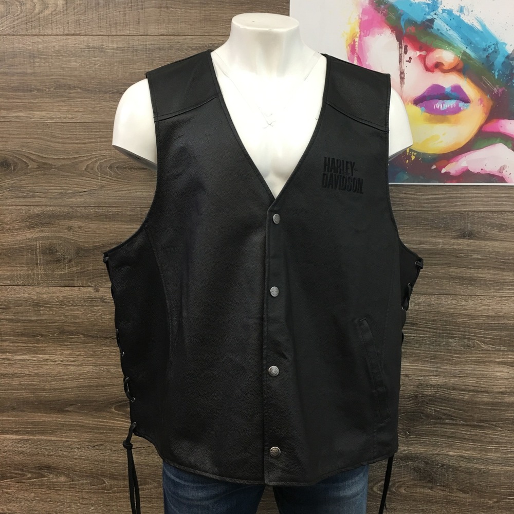 Harley Davidson Mens Black‎ Genuine Leather Vest 5XL Lace Up